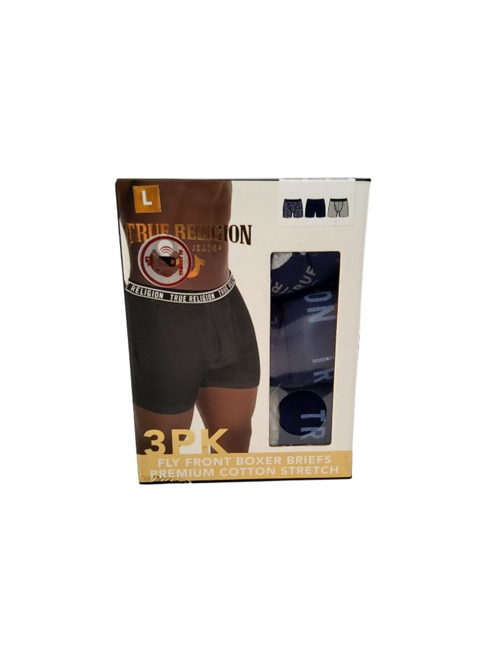 True Religion Mens 3-Pack Fly Front Boxer Briefs Premium Cotton Stretch Size L